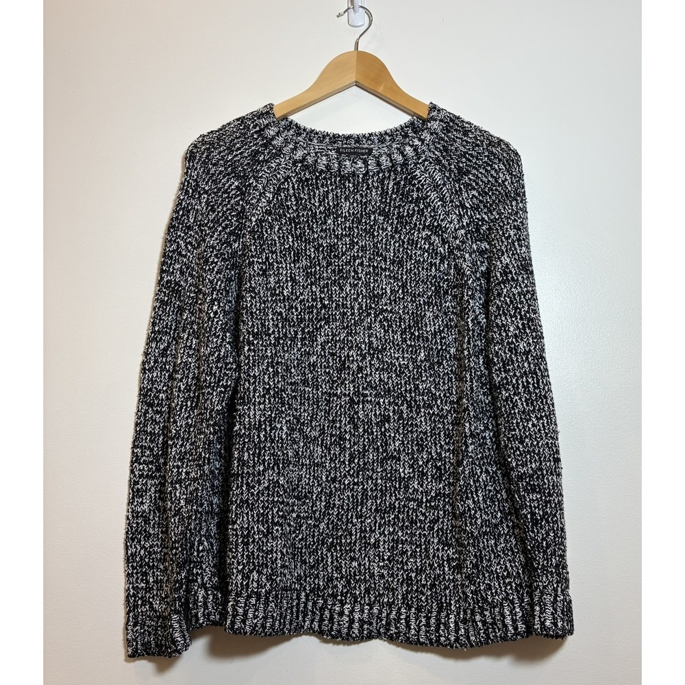 Eileen Fisher Womens Organic Cotton Marled Knit Sweater Black White Large Boho